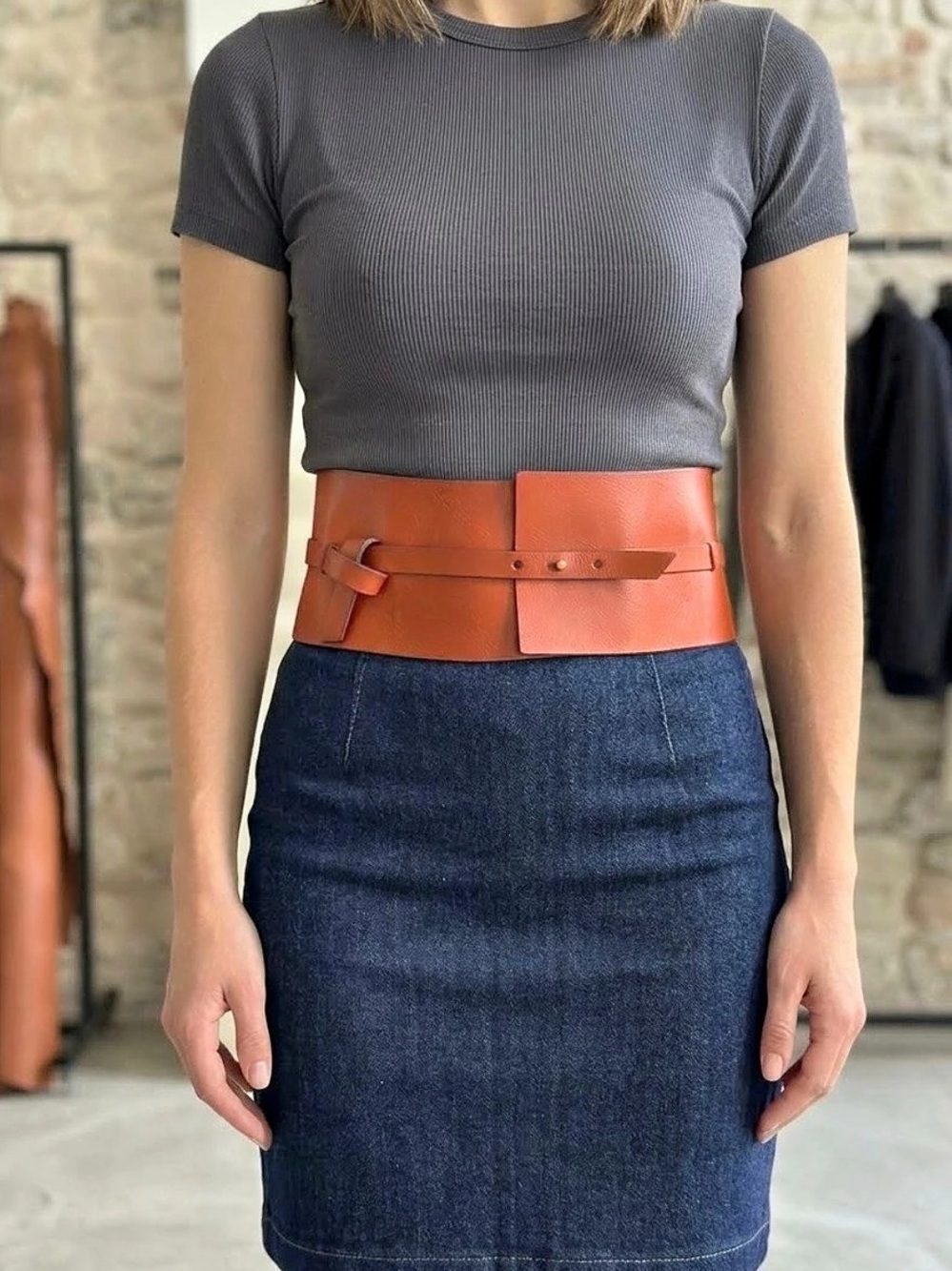 Hensler for Banana Republic Wide Waist Corset Leather Belt in Orange NWT